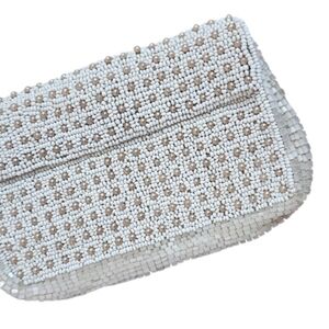 VINTAGE BEADED CLUTCH PEARL SEED BEADS SILK LINING BELT LOOP DESIGN